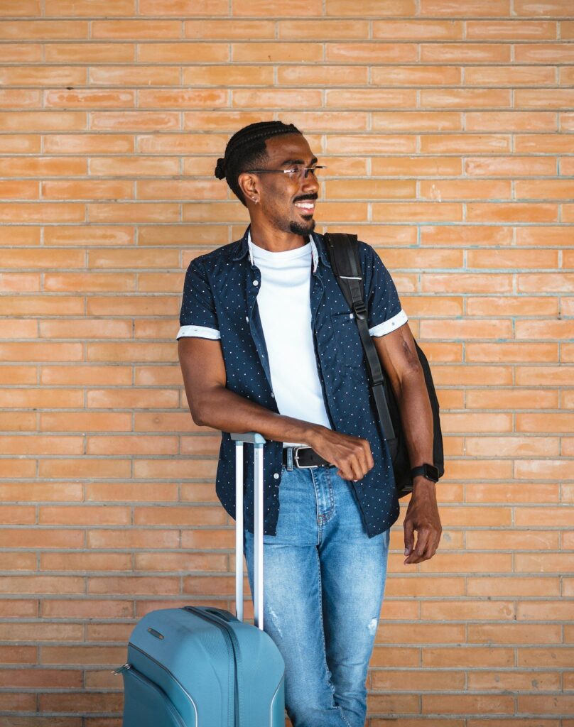 Young adult with suitcase and bag